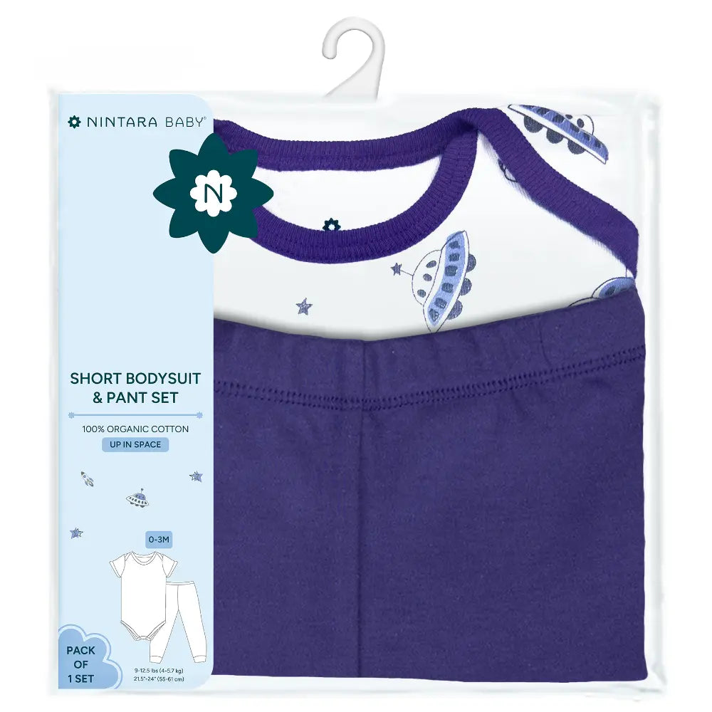 Nintara Baby 100% Cotton Unisex Bodysuit &amp; Pant Set – Up in space (Pack of 1)