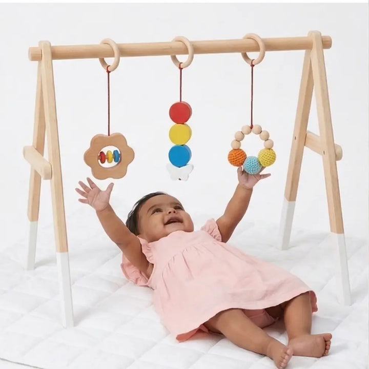 Shumee Wooden Montessori Baby Play Gym | Foldable Neem Wood Activity Gym with 3 Hanging Sensory Toys | Infant Development Toy | 0+ Months