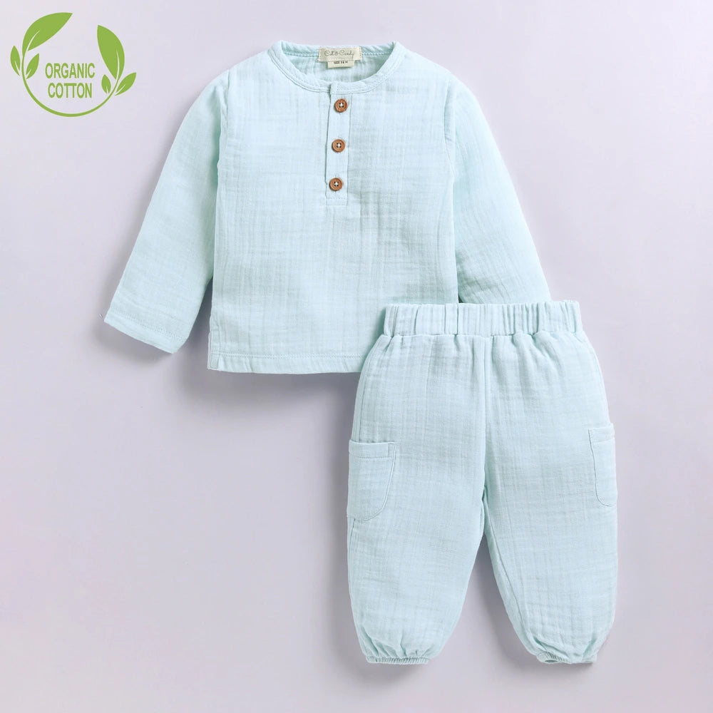 Cot &amp; Candy Baby Organic Muslin Long Sleeve Lounge Set - Sky Blue