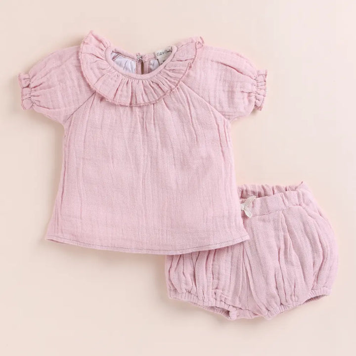 Cot &amp; Candy Baby Muslin Bloomers With Frill Top - Blush Pink