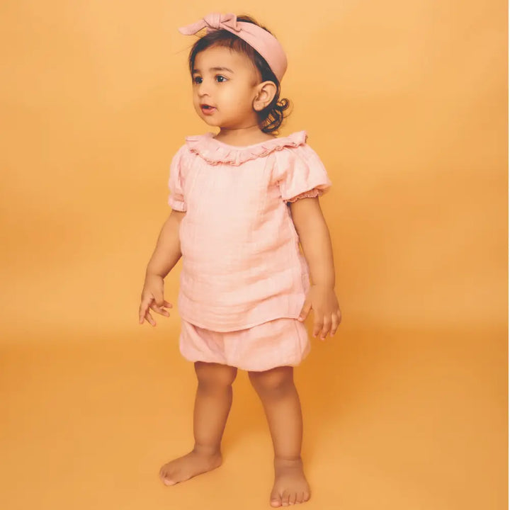 Cot &amp; Candy Baby Muslin Bloomers With Frill Top - Blush Pink