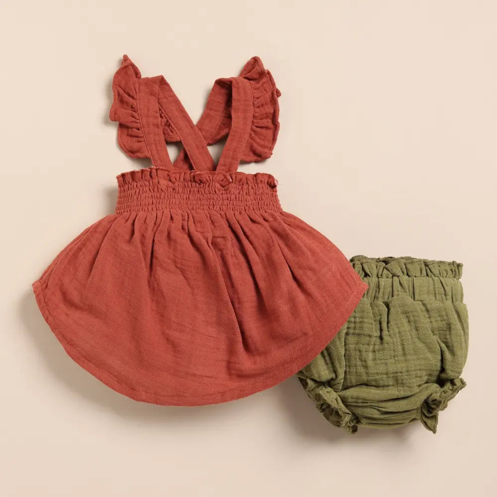 Cot &amp; Candy Baby Organic Muslin Sleeveless Frill Top With Bloomer Set-Picante + Olive