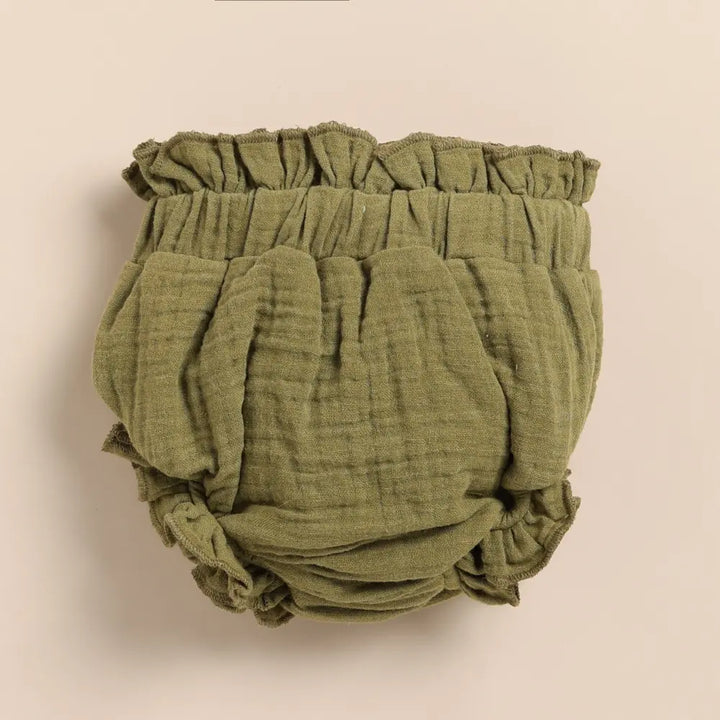Cot &amp; Candy Baby Organic Muslin Sleeveless Frill Top With Bloomer Set-Picante + Olive