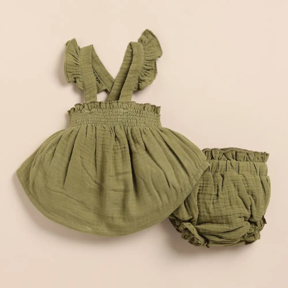 Cot &amp; Candy Baby Organic Muslin Sleeveless Frill Top With Bloomer Set-Olive