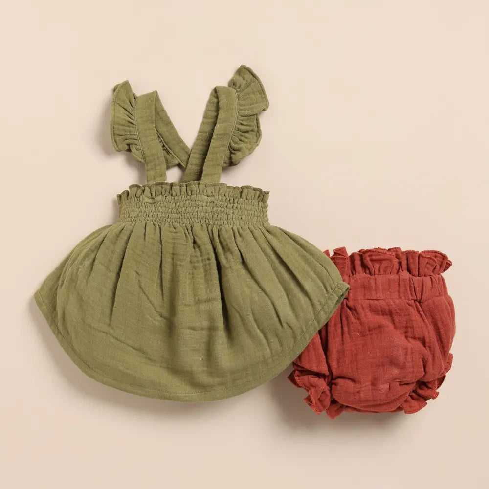 Cot &amp; Candy Baby Organic Muslin Sleeveless Frill Top With Bloomer Set-Olive + Picante