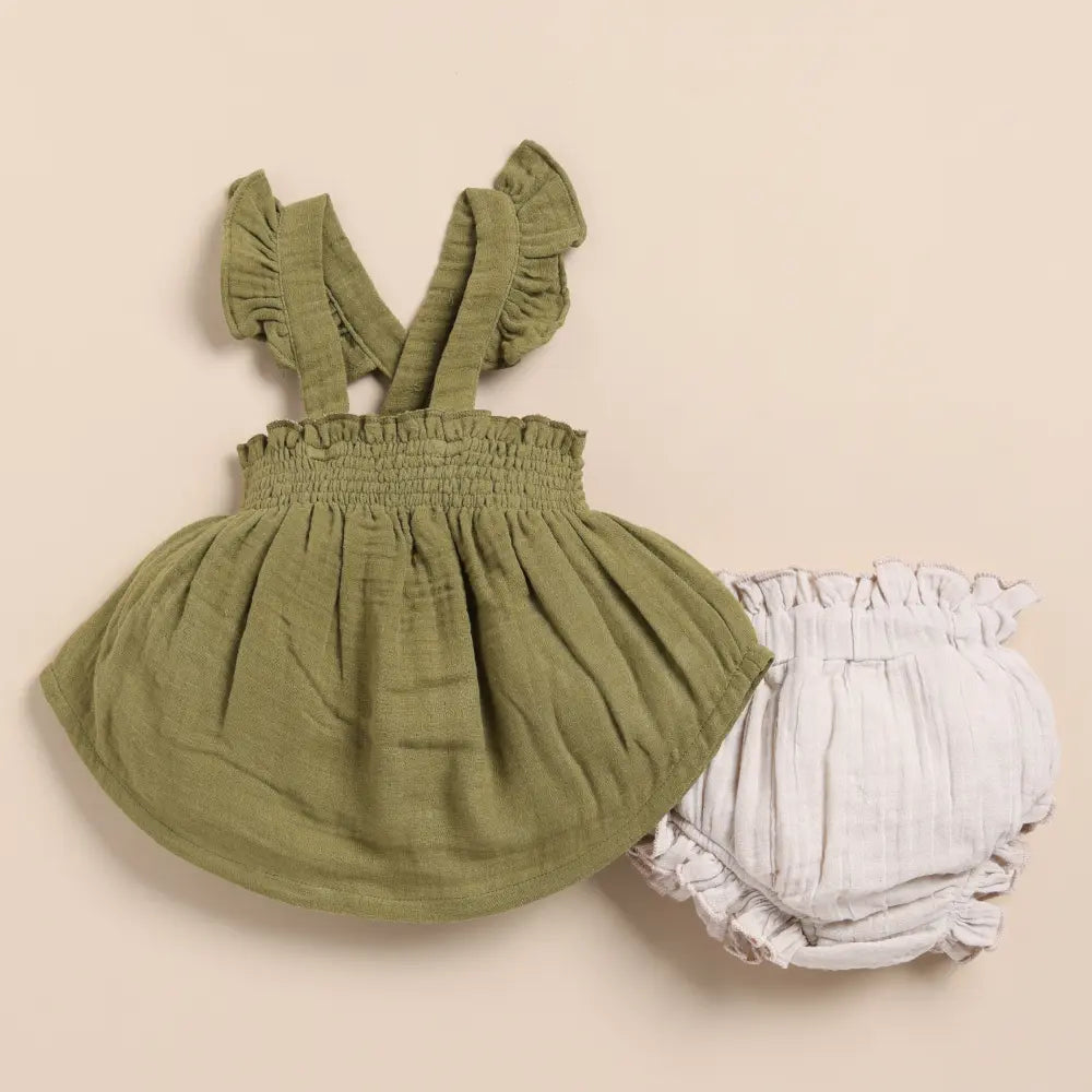 Cot &amp; Candy Baby Organic Muslin Sleeveless Frill Top With Bloomer Set-Olive + Oatmeal