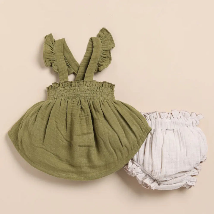 Cot &amp; Candy Baby Organic Muslin Sleeveless Frill Top With Bloomer Set-Olive + Oatmeal