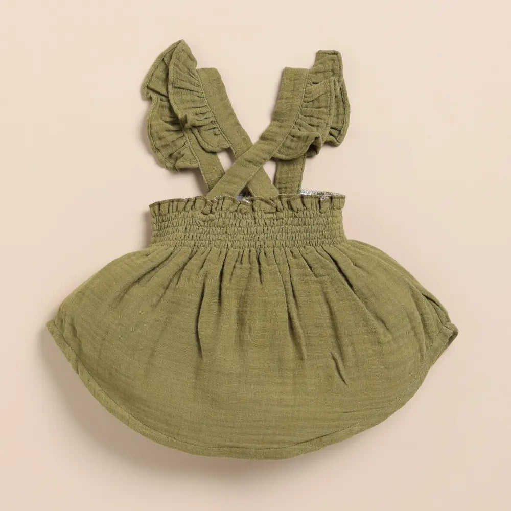 Cot &amp; Candy Baby Organic Muslin Sleeveless Frill Top With Bloomer Set-Olive + Oatmeal