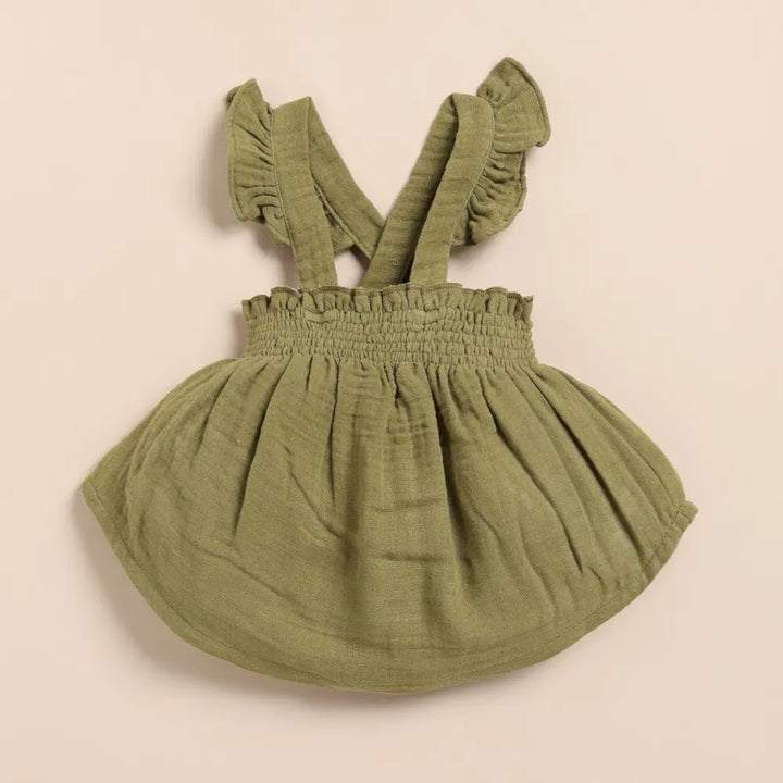 Cot &amp; Candy Baby Organic Muslin Sleeveless Frill Top With Bloomer Set-Olive + Oatmeal