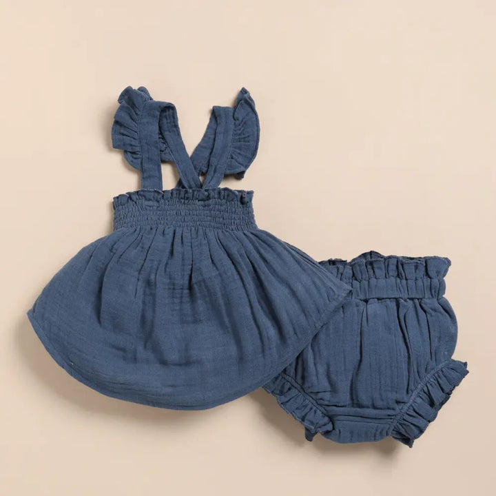 Cot &amp; Candy Baby Organic Muslin Sleeveless Frill Top With Bloomer Set-Navy