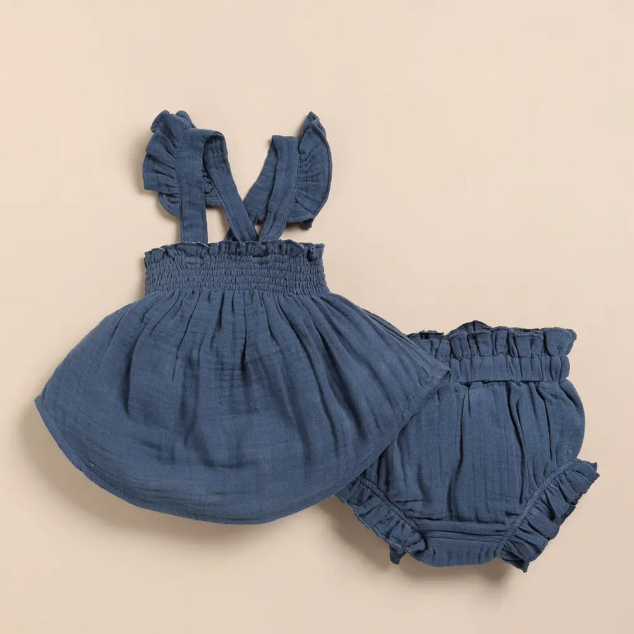 Cot & Candy Baby Organic Muslin Sleeveless Frill Top With Bloomer Set-Navy