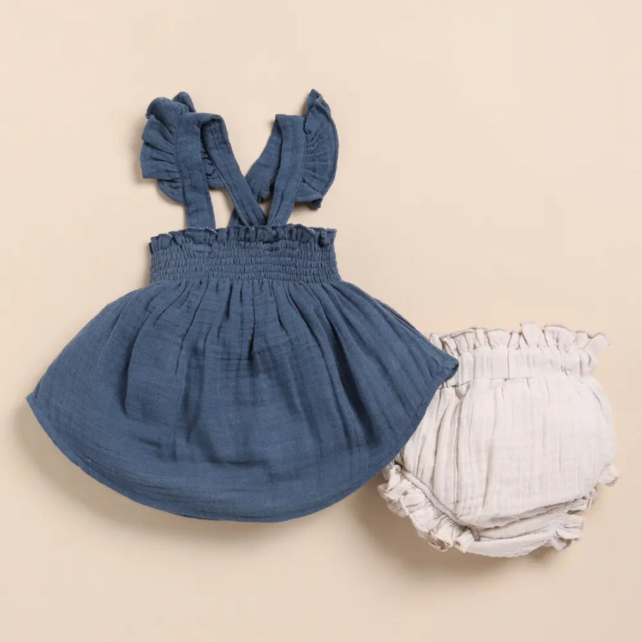Cot & Candy Baby Organic Muslin Sleeveless Frill Top With Bloomer Set-Navy + Oatmeal