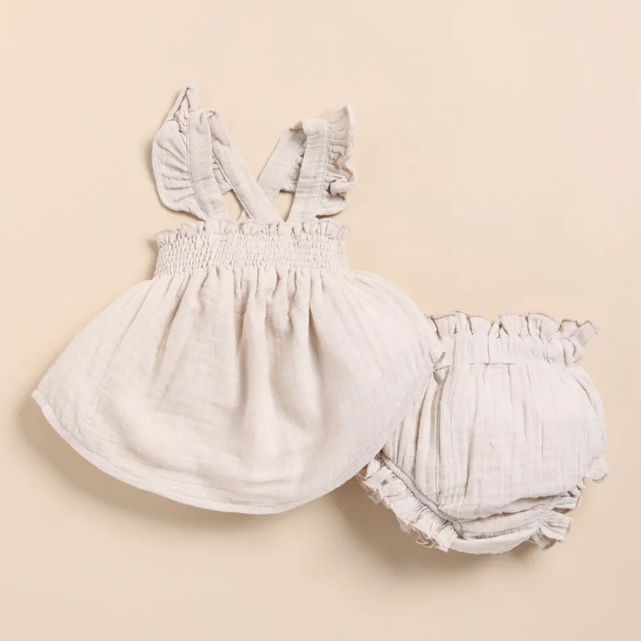 Cot & Candy Baby Organic Muslin Sleeveless Frill Top With Bloomer Set-Oatmeal