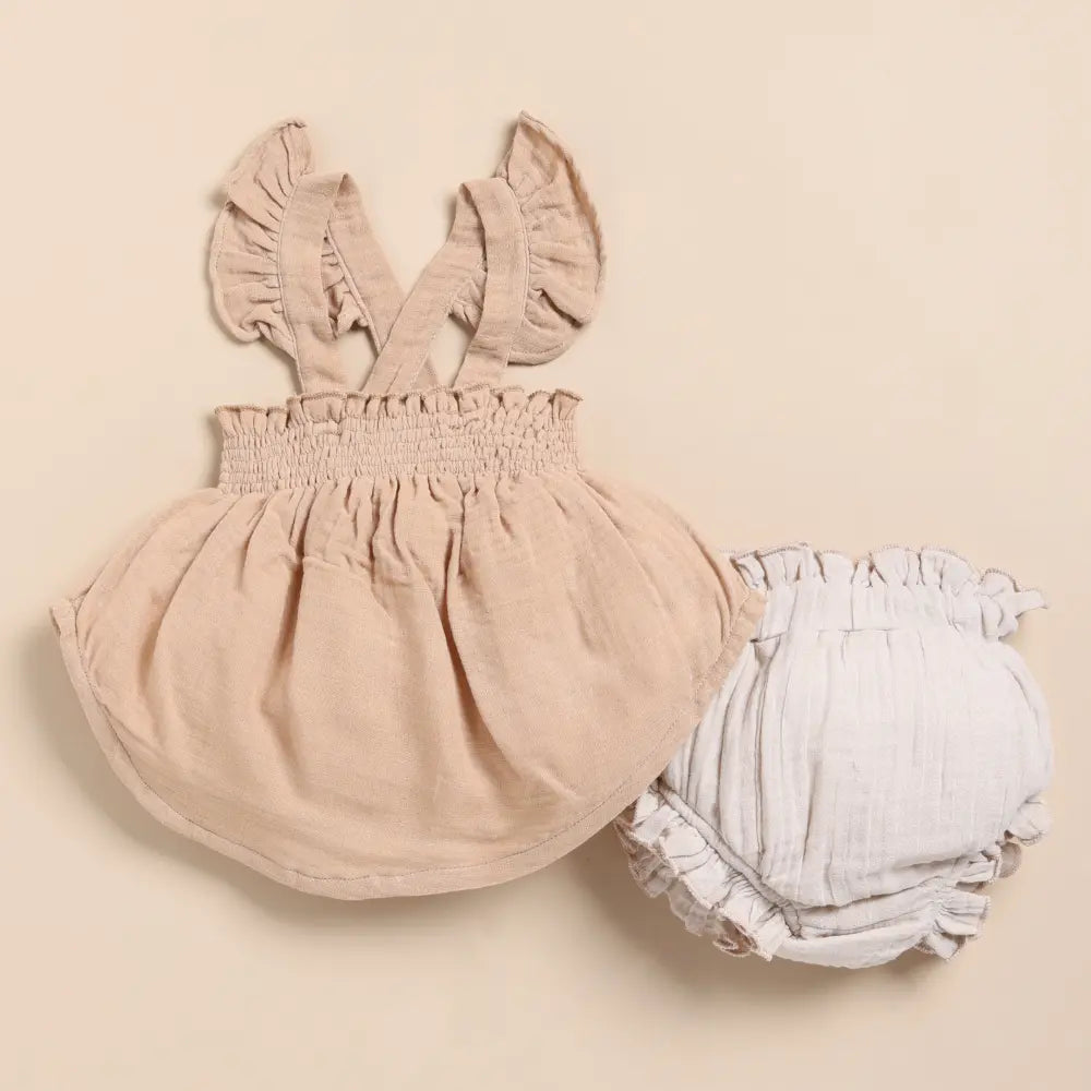 Cot &amp; Candy Baby Organic Muslin Sleeveless Frill Top With Bloomer Set-Latte + Oatmeal