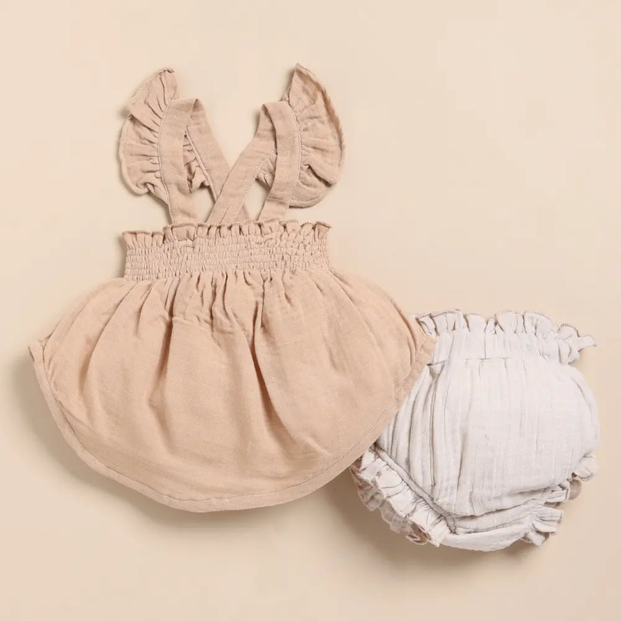 Cot & Candy Baby Organic Muslin Sleeveless Frill Top With Bloomer Set-Latte + Oatmeal