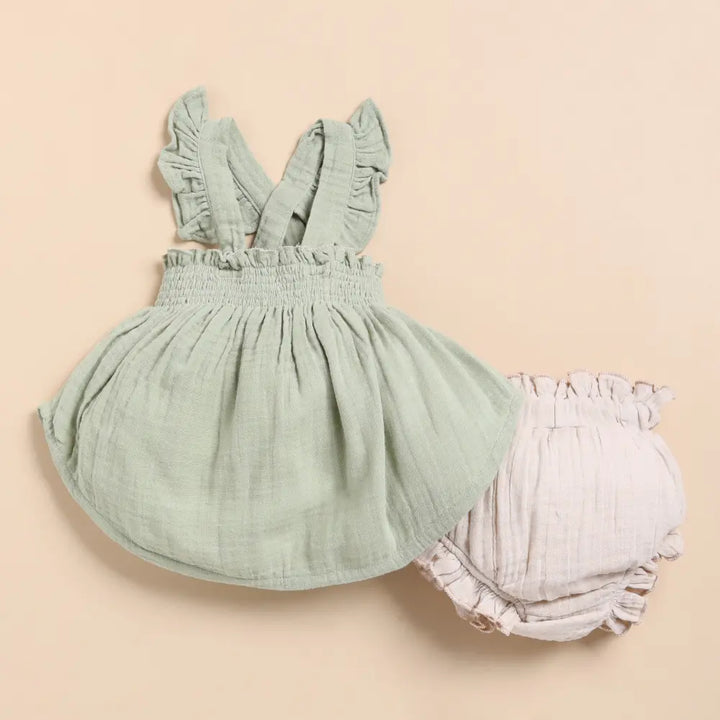 Cot &amp; Candy Baby Organic Muslin Sleeveless Frill Top With Bloomer Set-Sage + Oatmeal