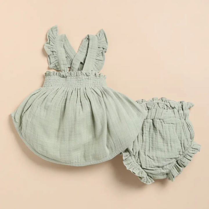 Cot &amp; Candy Baby Organic Muslin Sleeveless Frill Top With Bloomer Set-Sage