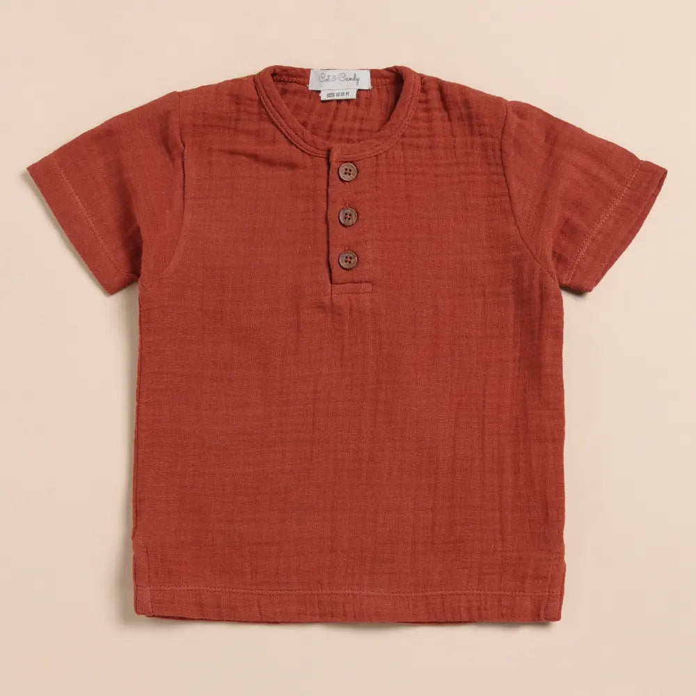 Cot &amp; Candy Baby Organic Muslin Short Sleeve Henley T-Shirt-Picante