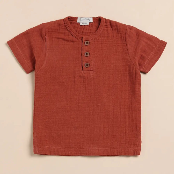 Cot &amp; Candy Baby Organic Muslin Short Sleeve Henley T-Shirt-Picante