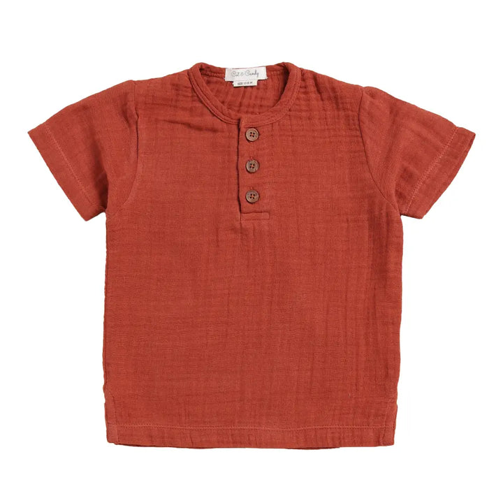 Cot &amp; Candy Baby Organic Muslin Short Sleeve Henley T-Shirt-Picante