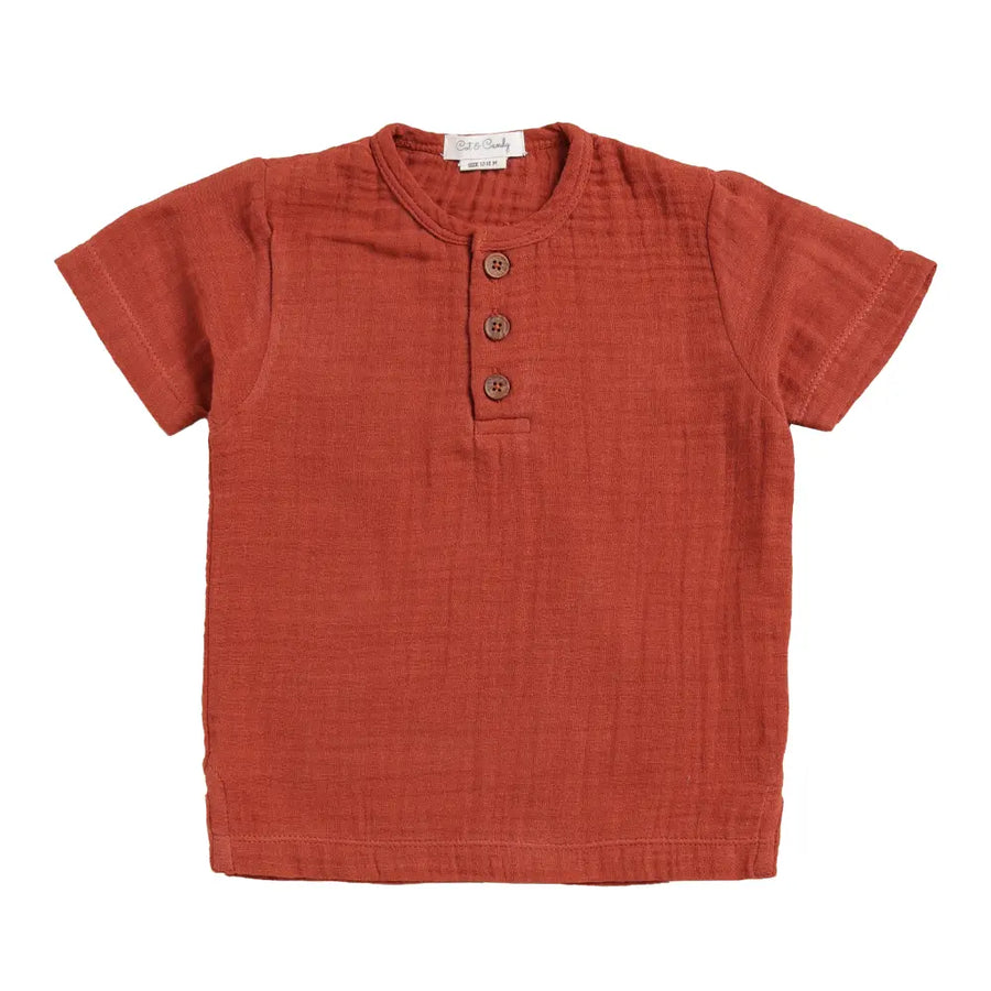 Cot & Candy Baby Organic Muslin Short Sleeve Henley T-Shirt-Picante