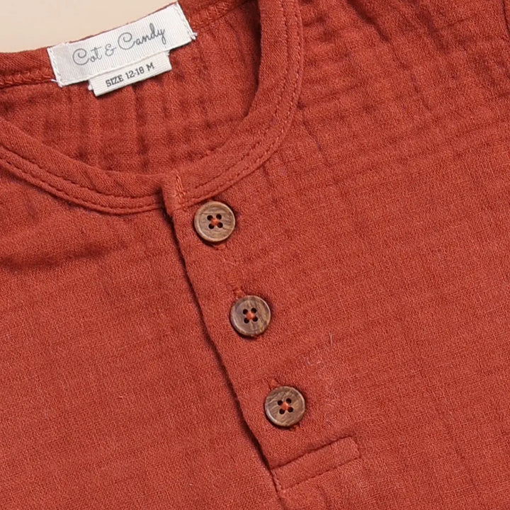 Cot &amp; Candy Baby Organic Muslin Short Sleeve Henley T-Shirt-Picante
