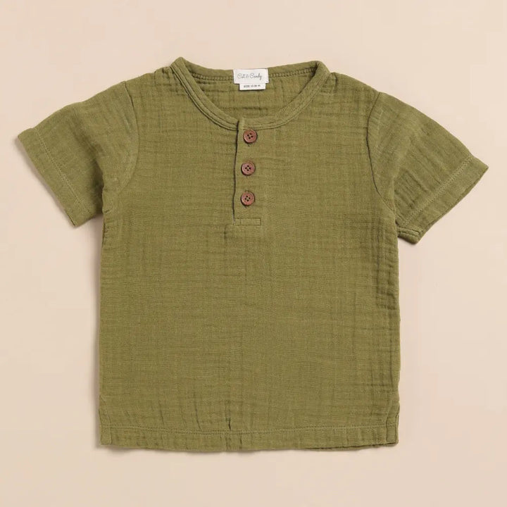 Cot &amp; Candy Baby Organic Muslin Short Sleeve Henley T-Shirt-Olive drab
