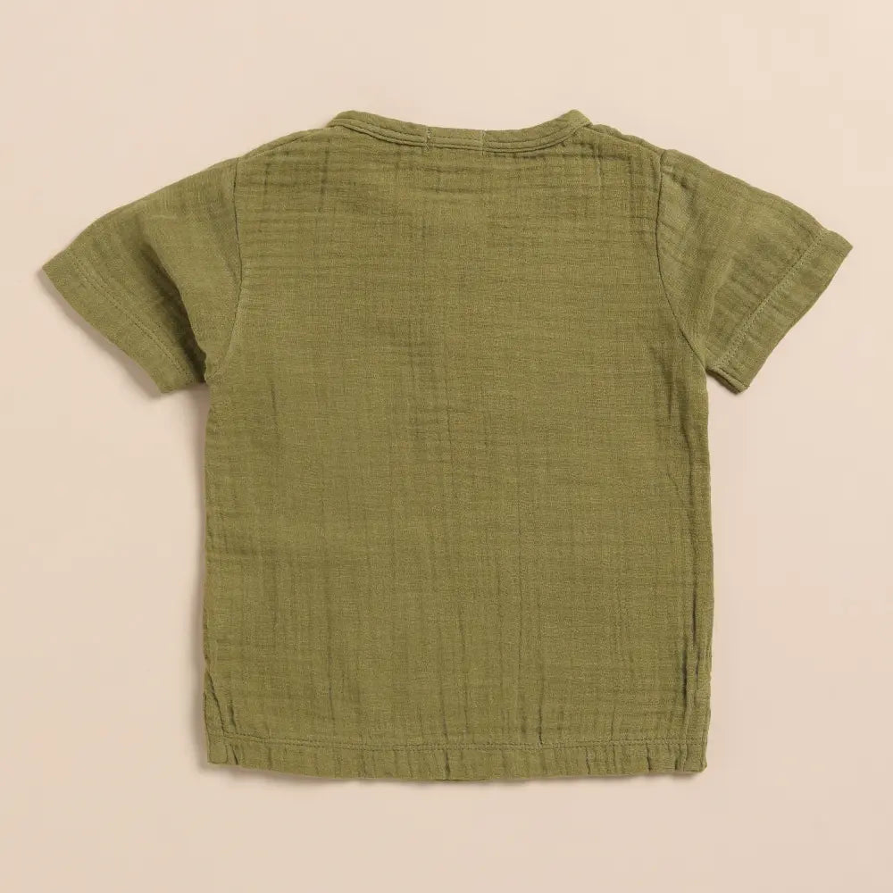 Cot &amp; Candy Baby Organic Muslin Short Sleeve Henley T-Shirt-Olive drab