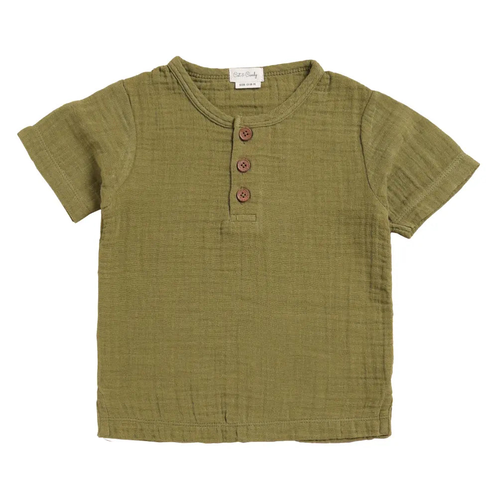 Cot &amp; Candy Baby Organic Muslin Short Sleeve Henley T-Shirt-Olive drab
