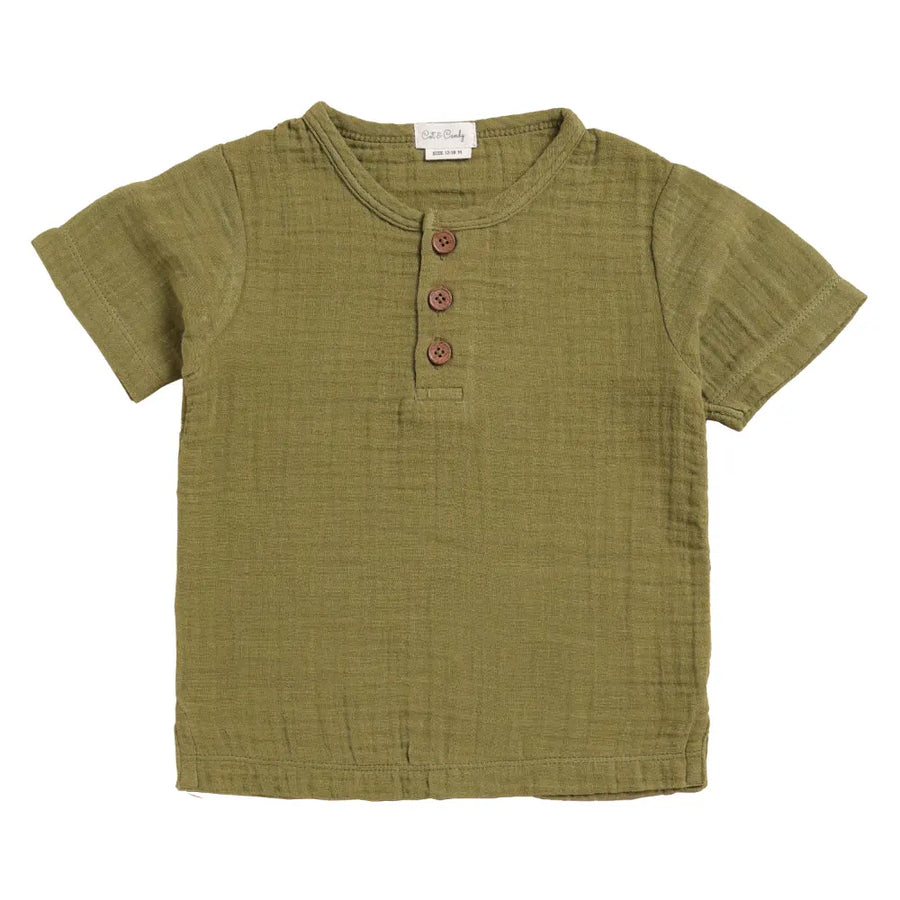 Cot & Candy Baby Organic Muslin Short Sleeve Henley T-Shirt-Olive drab