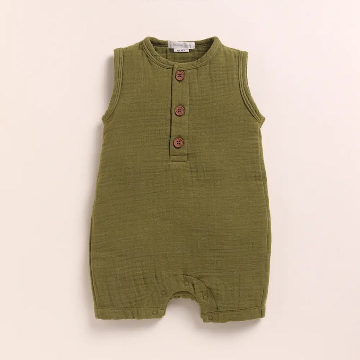 Cot &amp; Candy Baby Organic Muslin Half Romper-Olive
