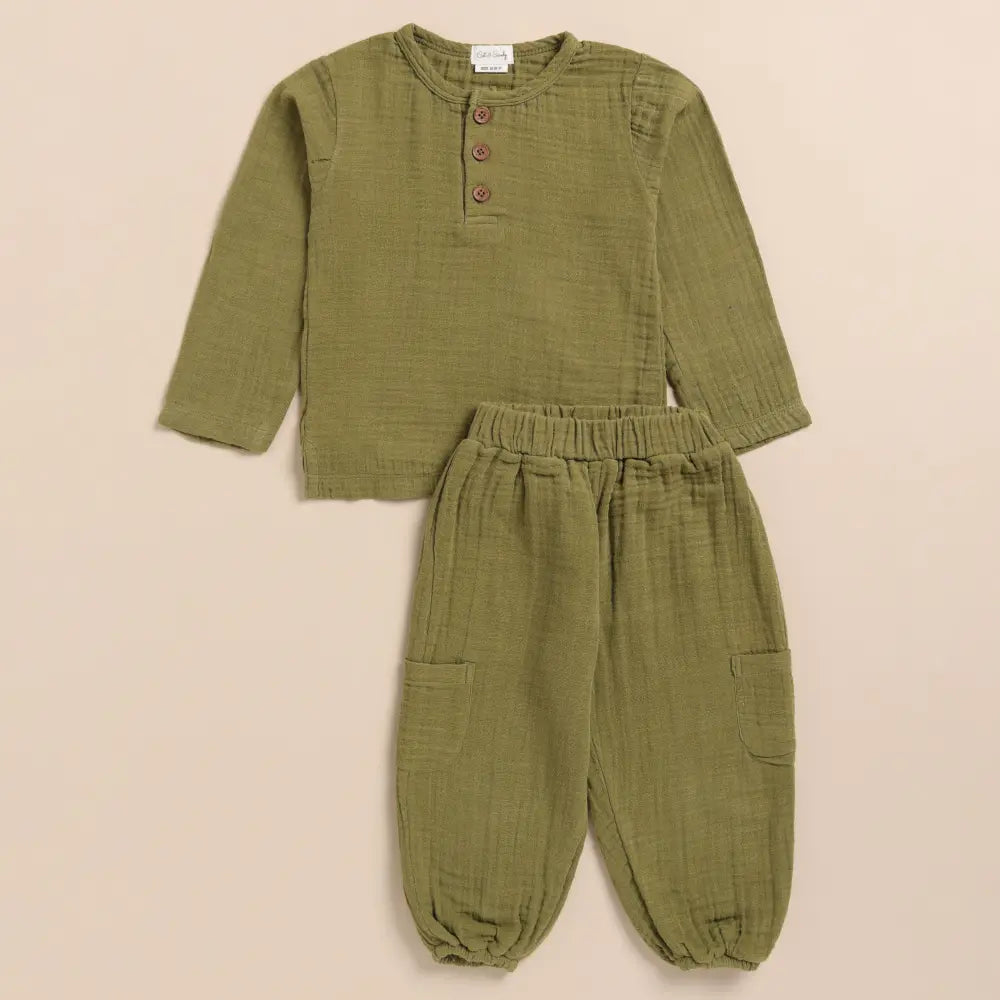 Cot &amp; Candy Baby Organic Muslin Long Sleeve Henley Tshirt With Lounge Pant Set-Olive