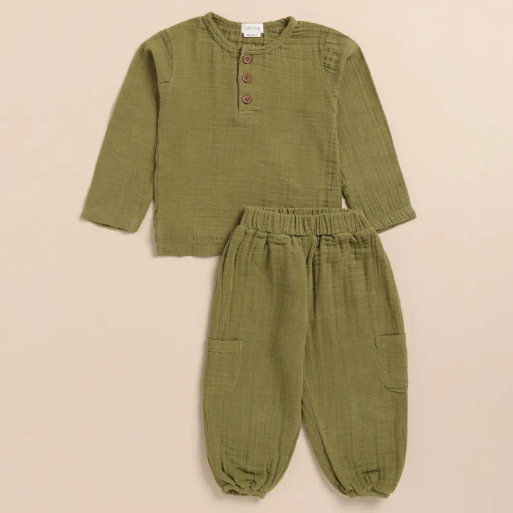 Cot &amp; Candy Baby Organic Muslin Long Sleeve Henley Tshirt With Lounge Pant Set-Olive