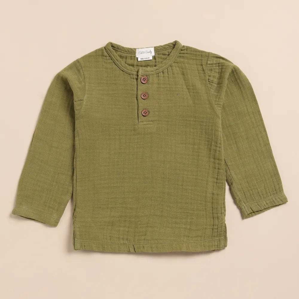 Cot &amp; Candy Baby Organic Muslin Long Sleeve Henley Tshirt With Lounge Pant Set-Olive