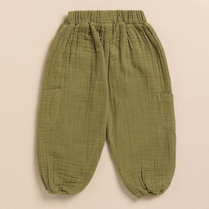 Cot &amp; Candy Baby Organic Muslin Long Sleeve Henley Tshirt With Lounge Pant Set-Olive