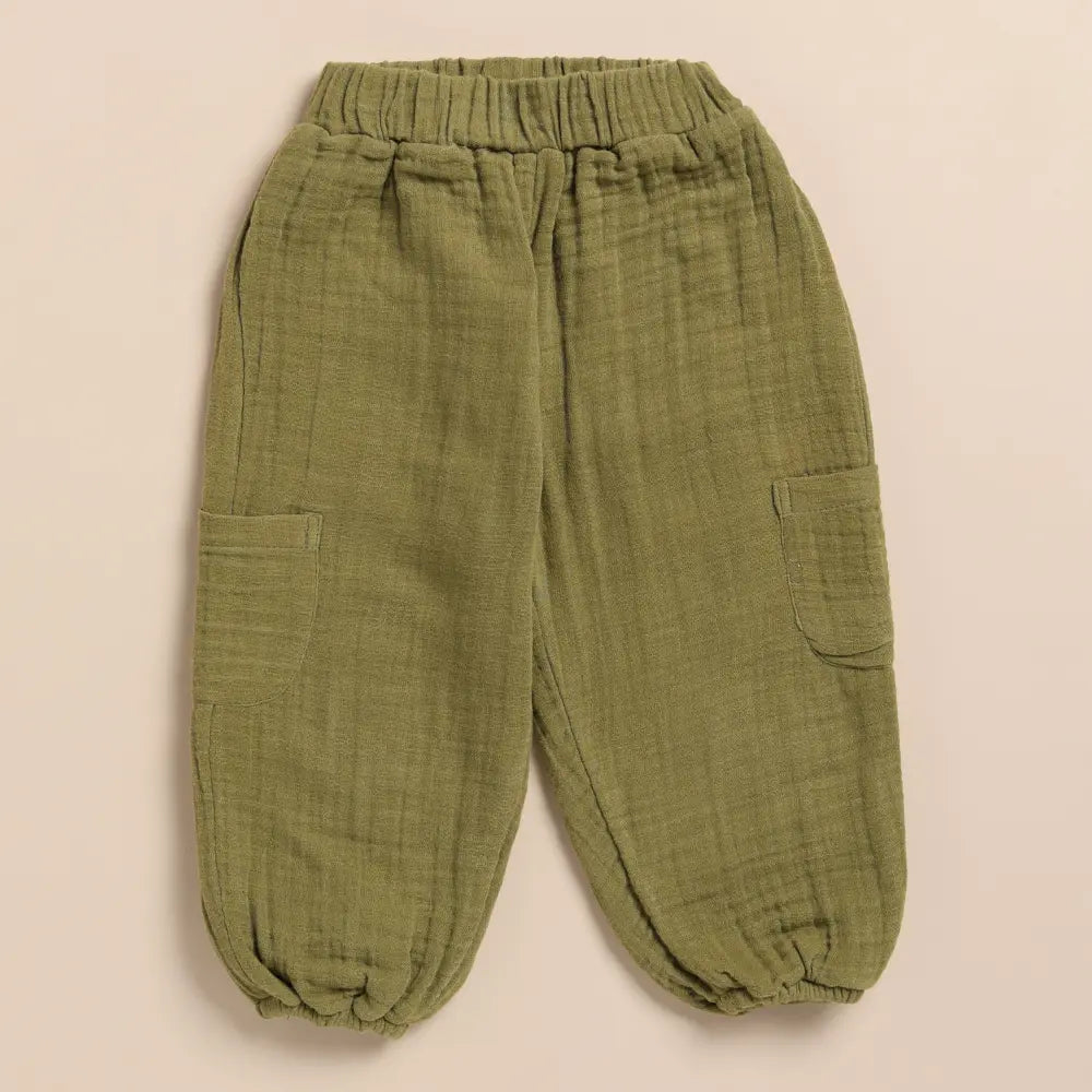 Cot &amp; Candy Baby Organic Muslin Long Sleeve Henley Tshirt With Lounge Pant Set-Olive