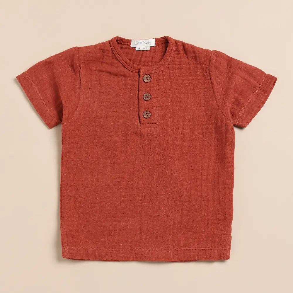 Cot &amp; Candy Baby Organic Muslin Short Sleeve Henley tshirt With Lounge Pant Set-Picante + Olive