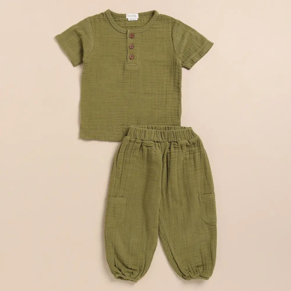 Cot &amp; Candy Baby Organic Muslin Short Sleeve Henley Tshirt With Lounge Pant Set-Olive