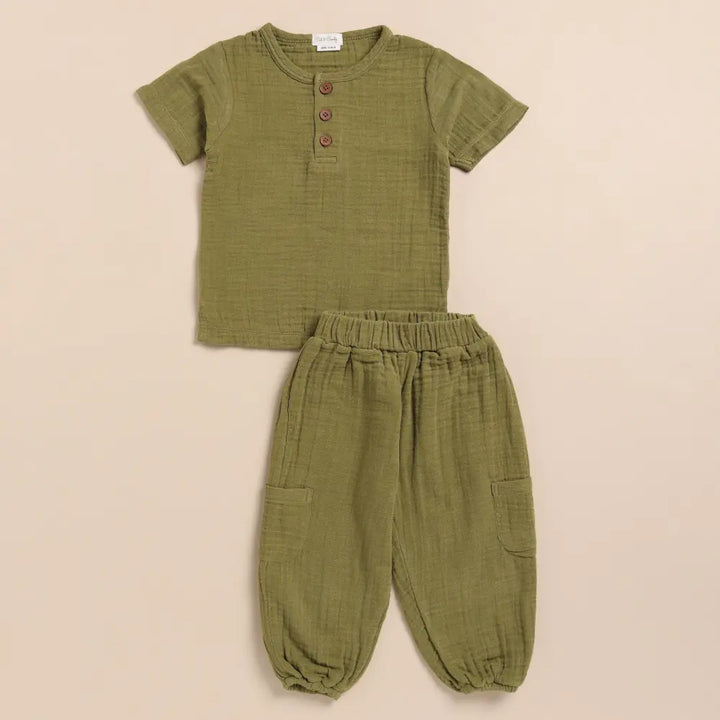 Cot &amp; Candy Baby Organic Muslin Short Sleeve Henley Tshirt With Lounge Pant Set-Olive
