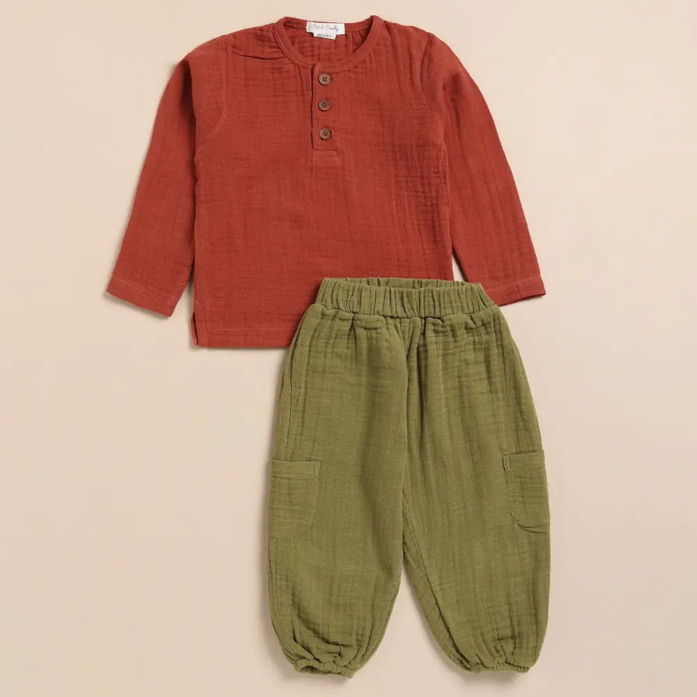 Cot &amp; Candy Baby Organic Muslin Long Sleeve Henley Tshirt With Lounge Pant Set-Picante + Olive