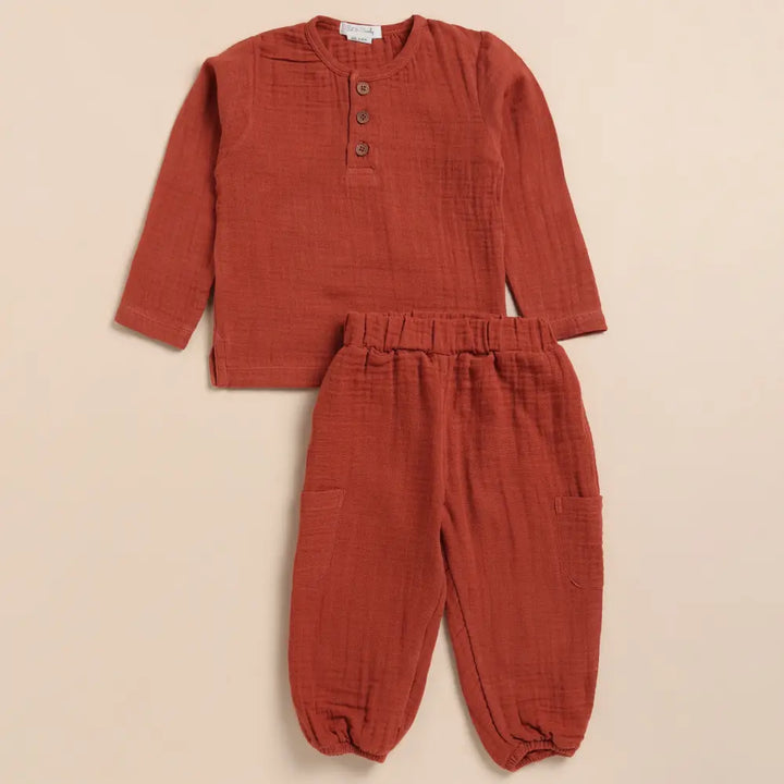 Cot &amp; Candy Baby Organic Muslin Long Sleeve Henley Tshirt With Lounge Pant Set-Picante