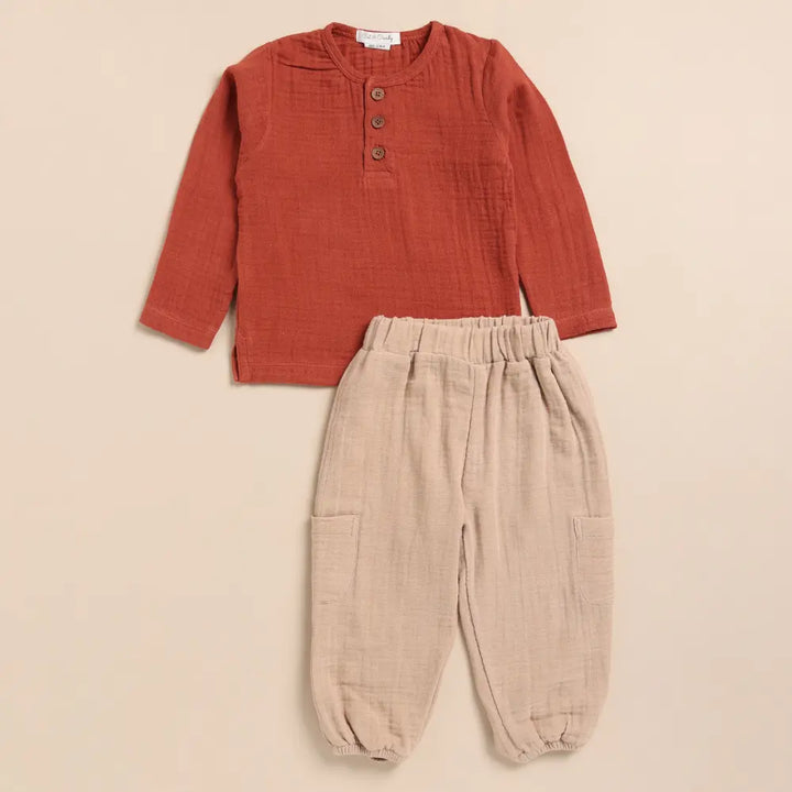Cot &amp; Candy Baby Organic Muslin Long Sleeve Henley Tshirt With Lounge Pant Set-Picante + Latte