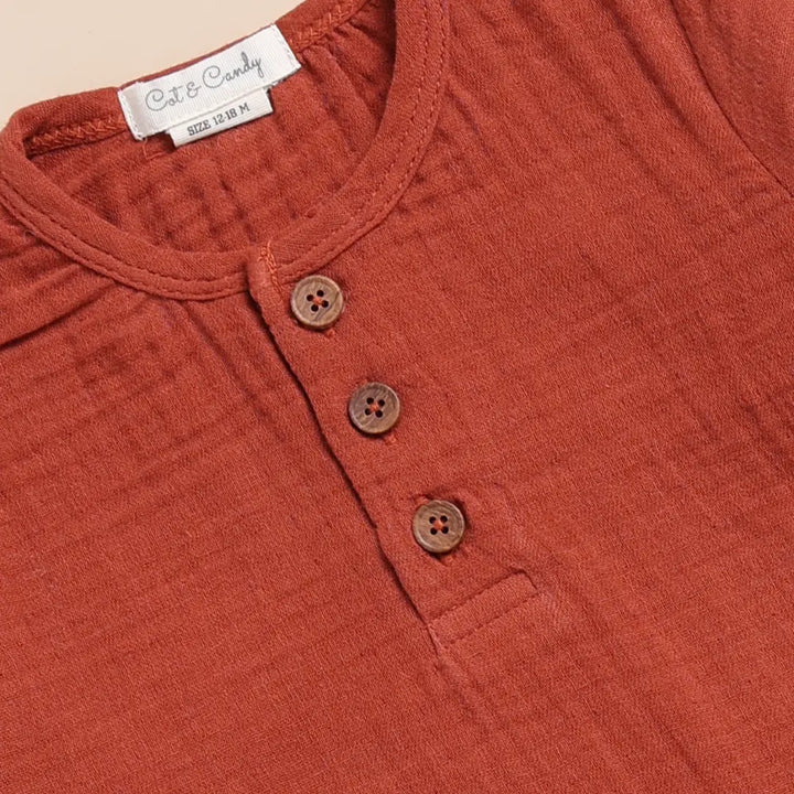 Cot &amp; Candy Baby Organic Muslin Long Sleeve Henley Tshirt With Lounge Pant Set-Picante + Latte