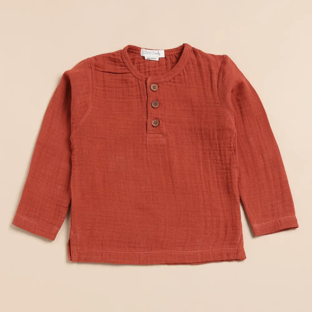Cot &amp; Candy Baby Organic Muslin Long Sleeve Henley Tshirt With Lounge Pant Set-Picante + Latte