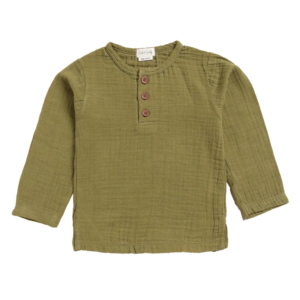 Cot &amp; Candy Baby Organic Muslin Long Sleeve Henley T-Shirt-Olive drab