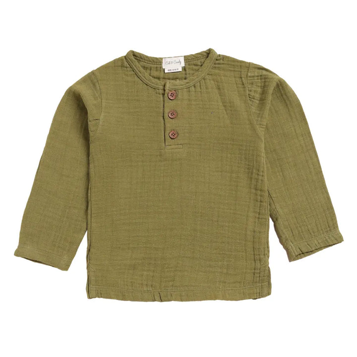 Cot &amp; Candy Baby Organic Muslin Long Sleeve Henley T-Shirt-Olive drab