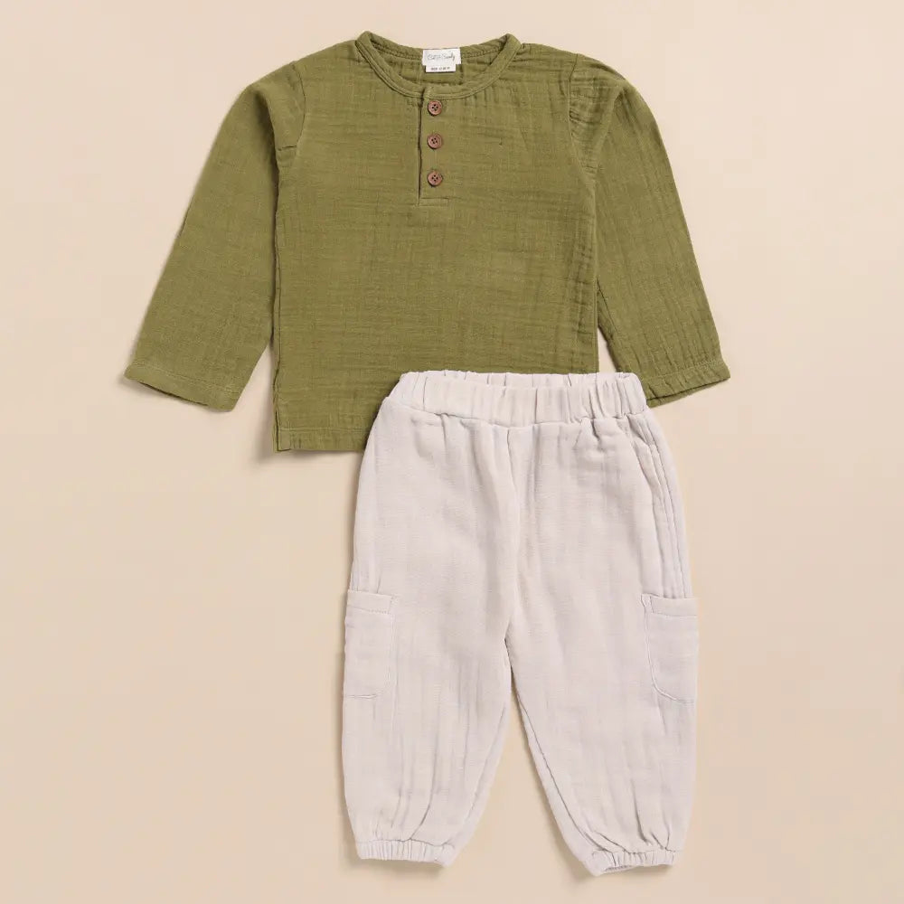 Cot &amp; Candy Baby Organic Muslin Long Sleeve Henley Tshirt With Lounge Pant Set-Olive + Oatmeal