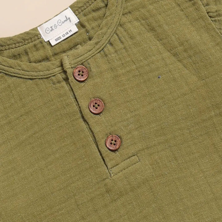 Cot &amp; Candy Baby Organic Muslin Long Sleeve Henley Tshirt With Lounge Pant Set-Olive + Oatmeal