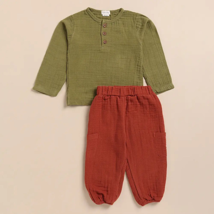 Cot & Candy Baby Organic Muslin Long Sleeve Henley Tshirt With Lounge Pant Set-Olive + Picante