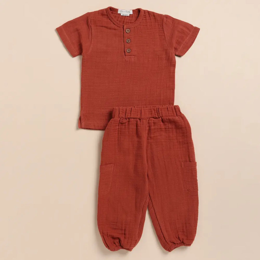 Cot & Candy Baby Organic Muslin Short Sleeve Henley Tshirt With Lounge Pant Set-Picante